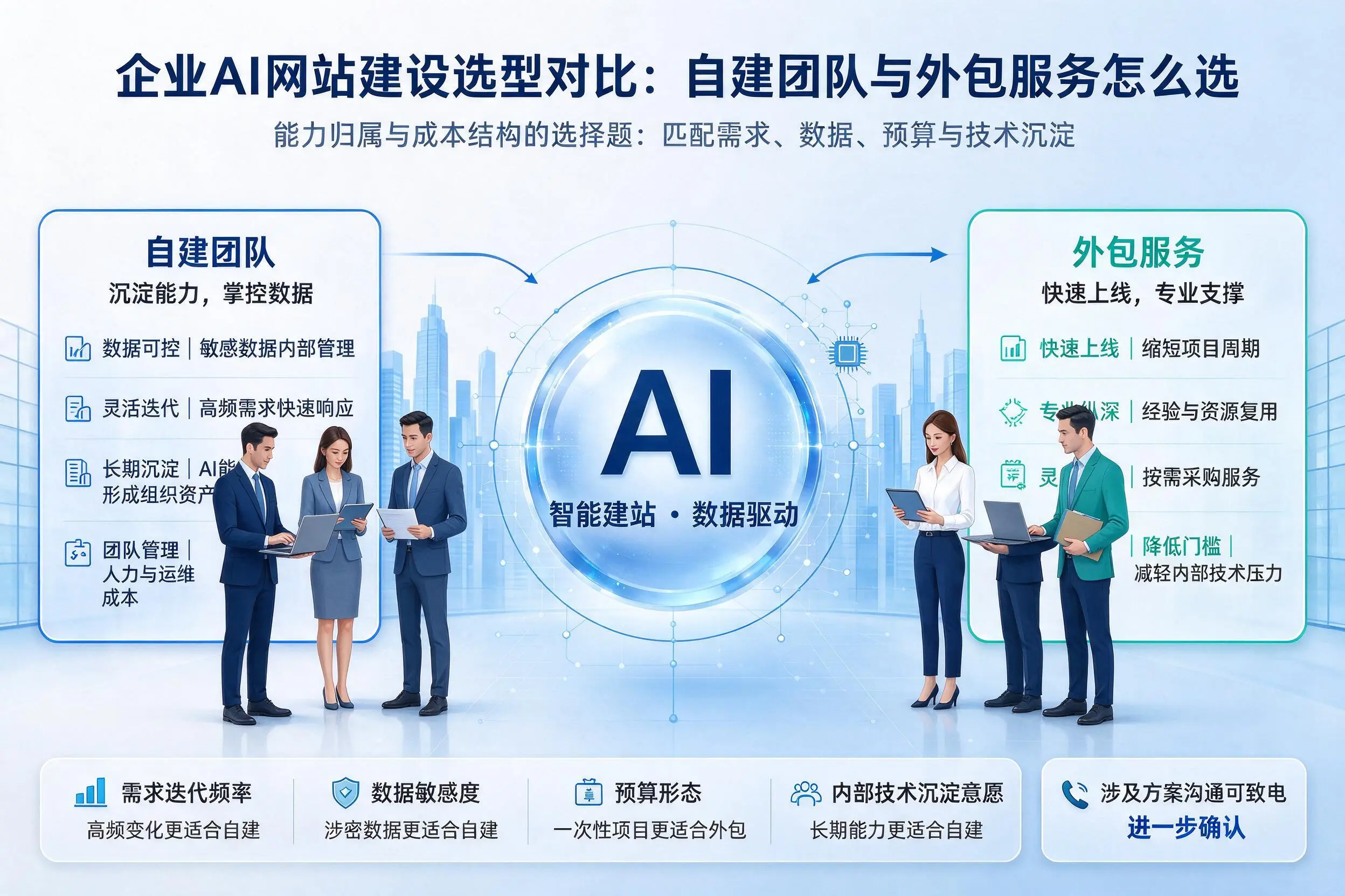 阜新企业AI网站建设选型对比：自建团队与外包服务怎么选